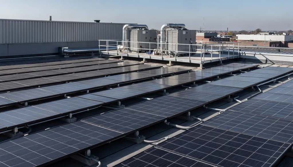 PVT panelen warmtepomp combinatie op plat bedrijfsdak in oost-west opstelling