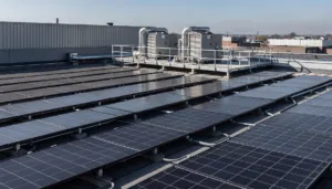 PVT panelen warmtepomp combinatie op plat bedrijfsdak in oost-west opstelling
